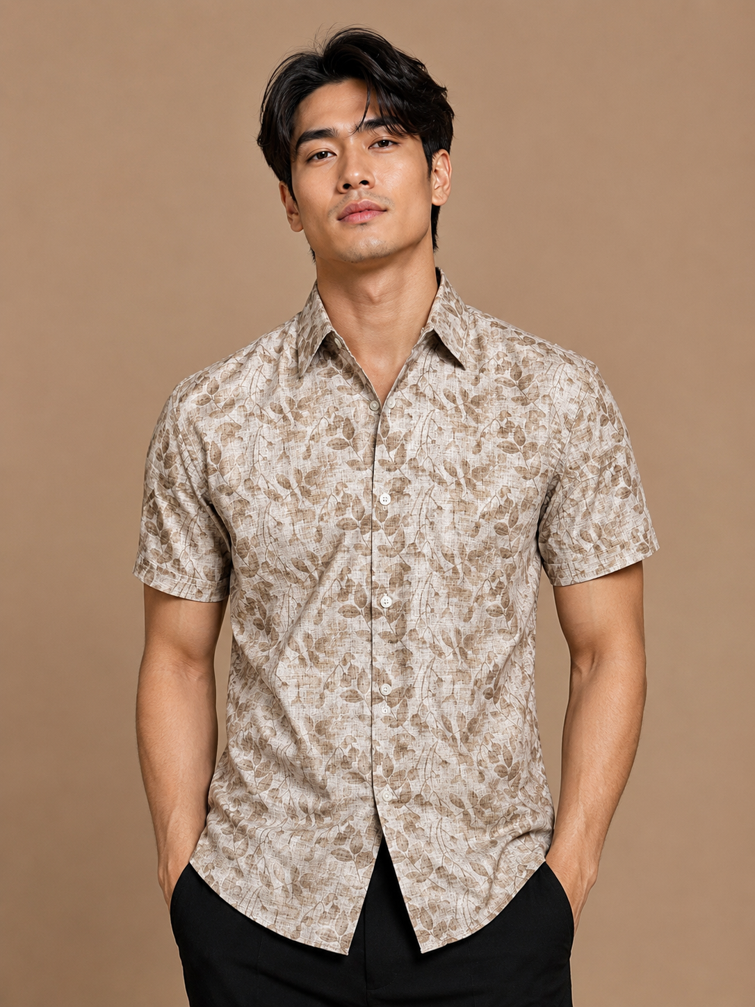SALLT Men's Brown Printed Self Design Shirt - Half Sleeves - Relaxed Fit