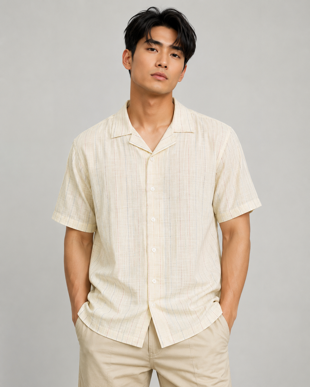 SALLT Men's Beige Linen Cotton Blend Shirt - Half Sleeves - Relaxed Fit