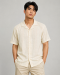 SALLT Men's Beige Linen Cotton Blend Shirt - Half Sleeves - Relaxed Fit