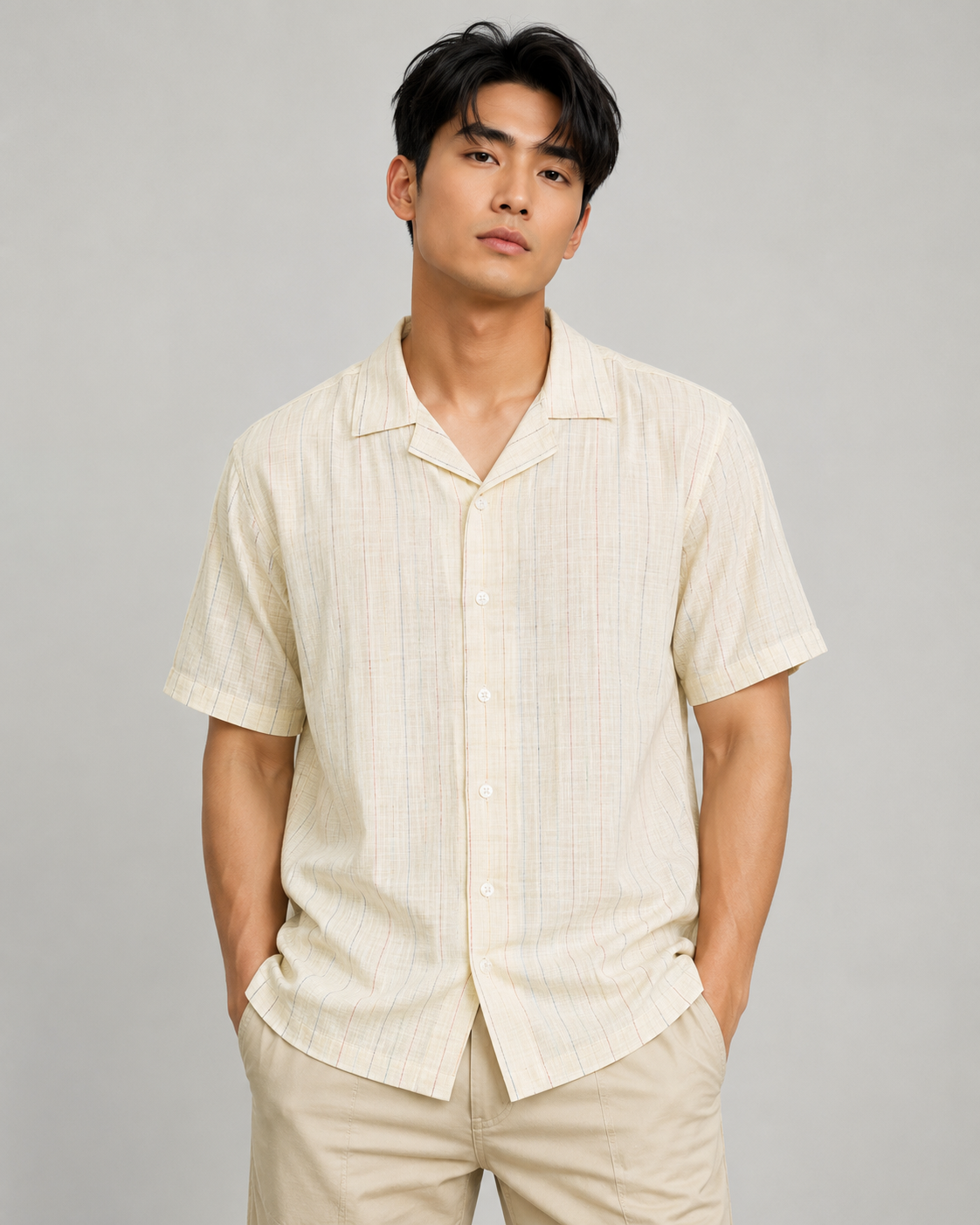 SALLT Men's Beige Linen Cotton Blend Shirt - Half Sleeves - Relaxed Fit