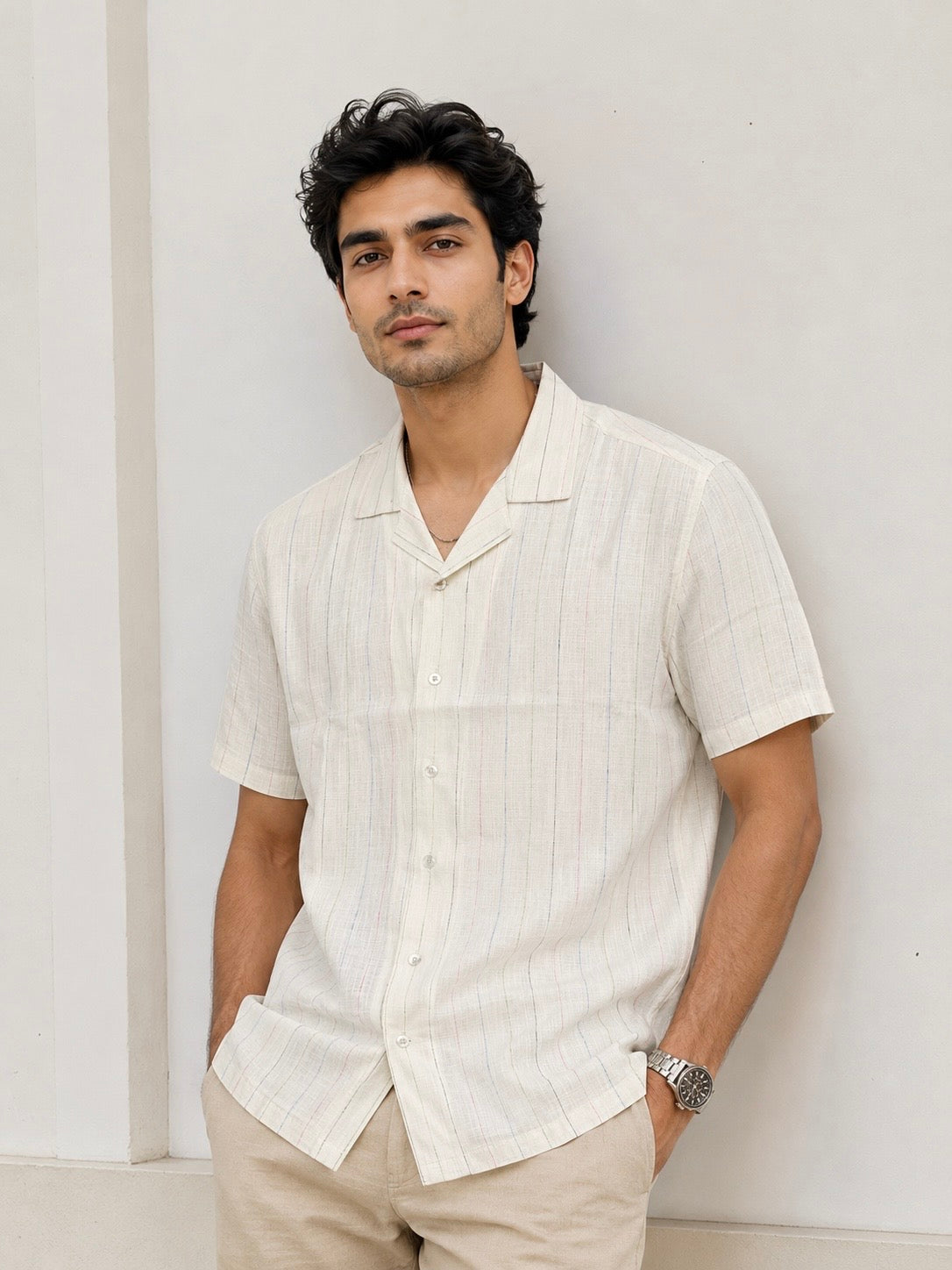 SALLT Men's Off White Linen Cotton Blend Shirt - Half Sleeves - Relaxed Fit
