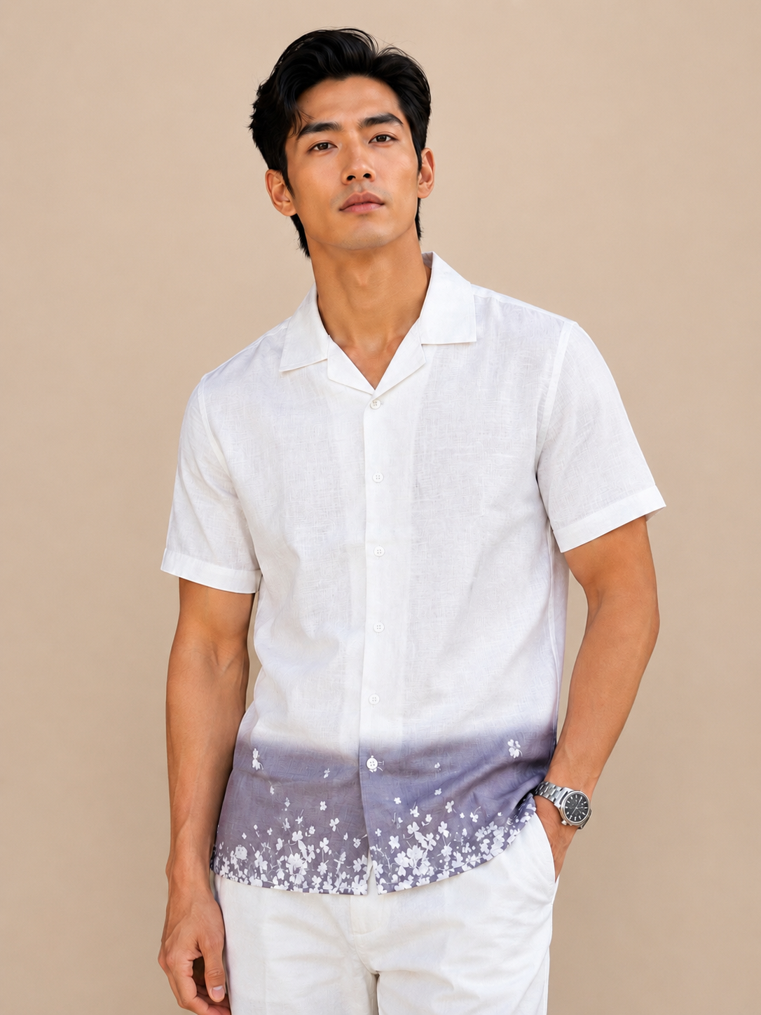 SALLT Men's White Printed Self Design Shirt - Half Sleeves - Relaxed Fit