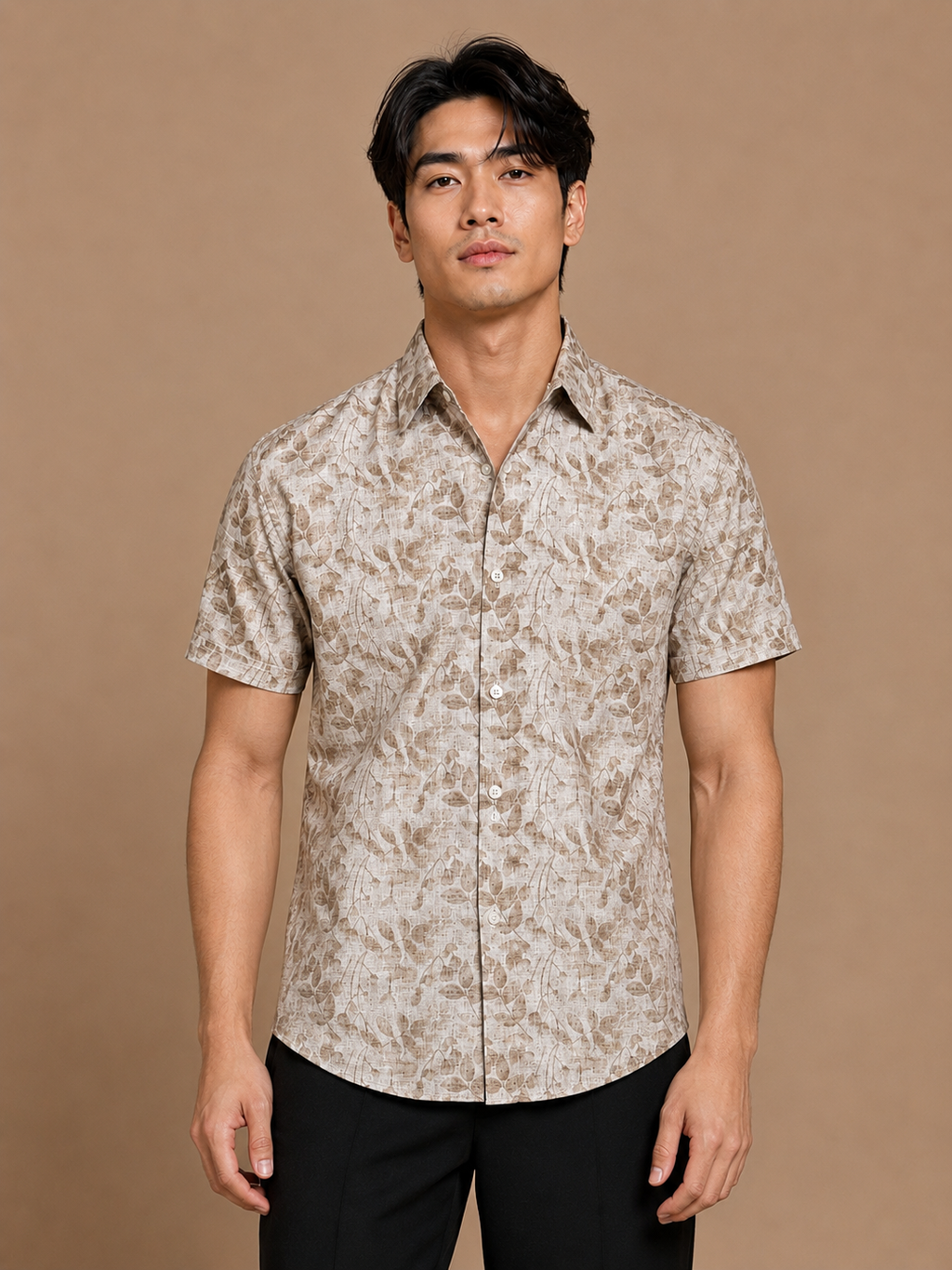 SALLT Men's Brown Printed Self Design Shirt - Half Sleeves - Relaxed Fit