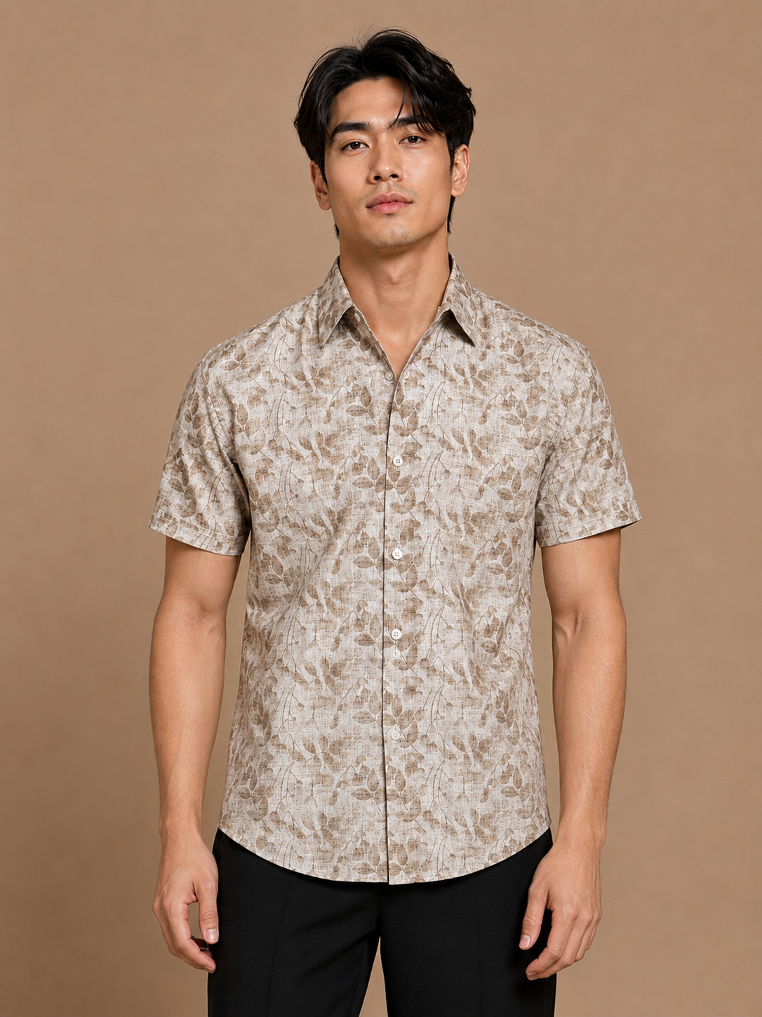SALLT Men's Brown Printed Self Design Shirt - Half Sleeves - Relaxed Fit