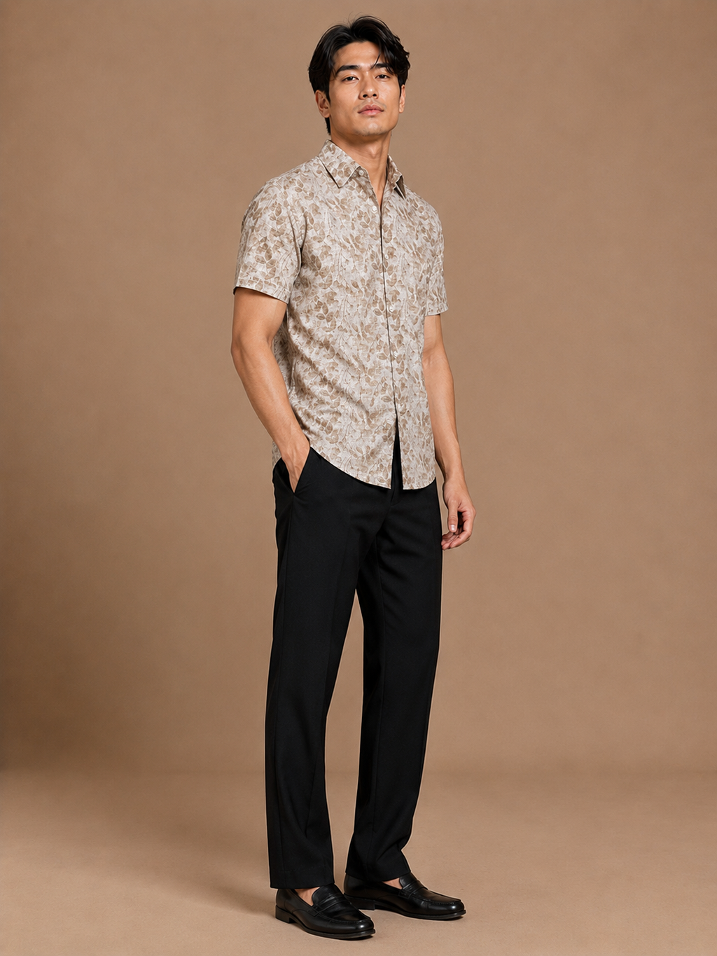 SALLT Men's Brown Printed Self Design Shirt - Half Sleeves - Relaxed Fit