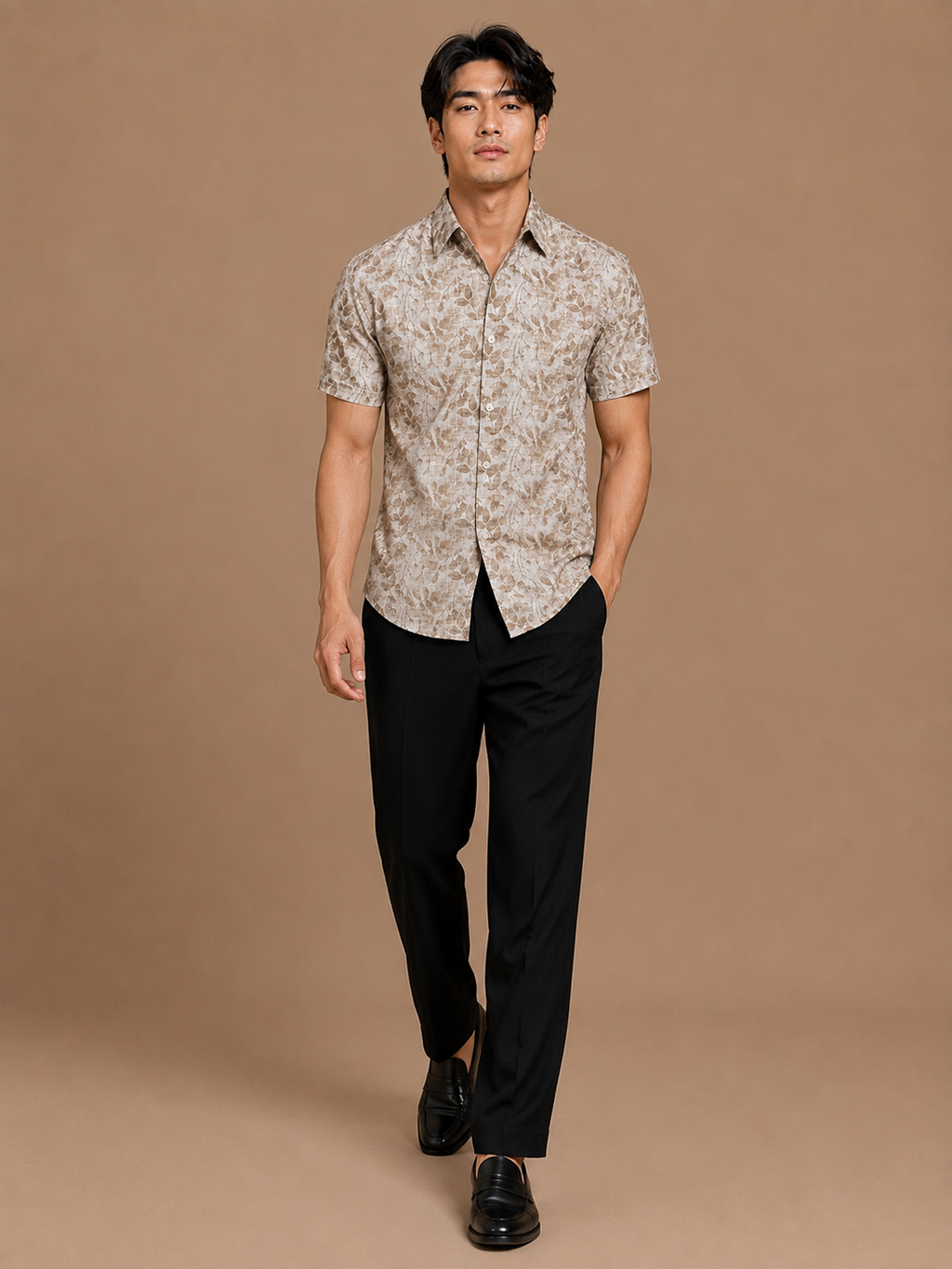 SALLT Men's Brown Printed Self Design Shirt - Half Sleeves - Relaxed Fit