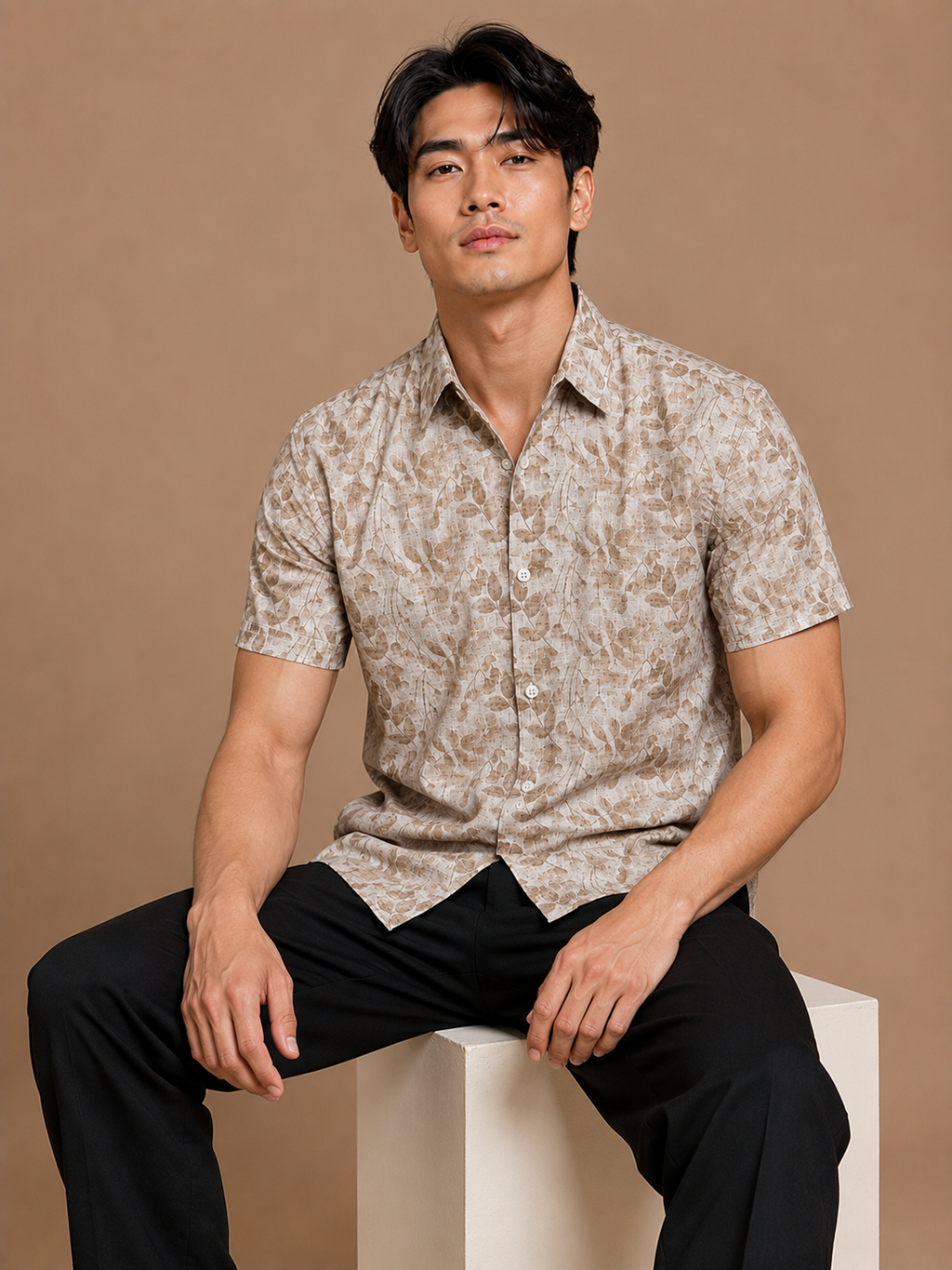 SALLT Men's Brown Printed Self Design Shirt - Half Sleeves - Relaxed Fit