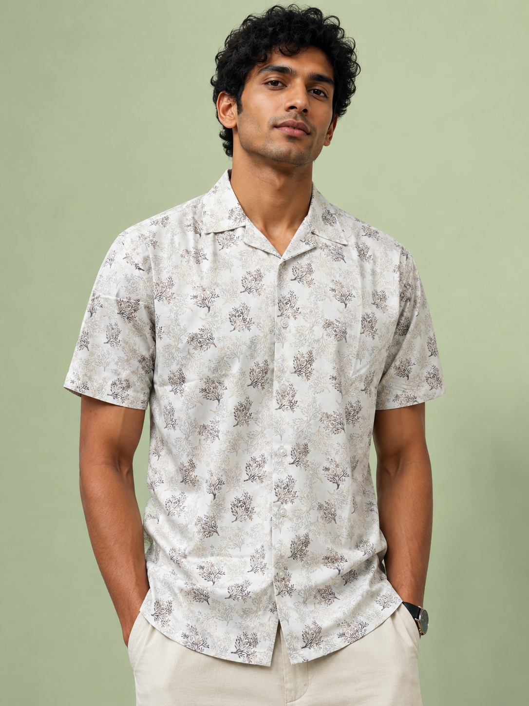 SALLT Men's White Printed Self Design Shirt - Half Sleeves - Relaxed Fit
