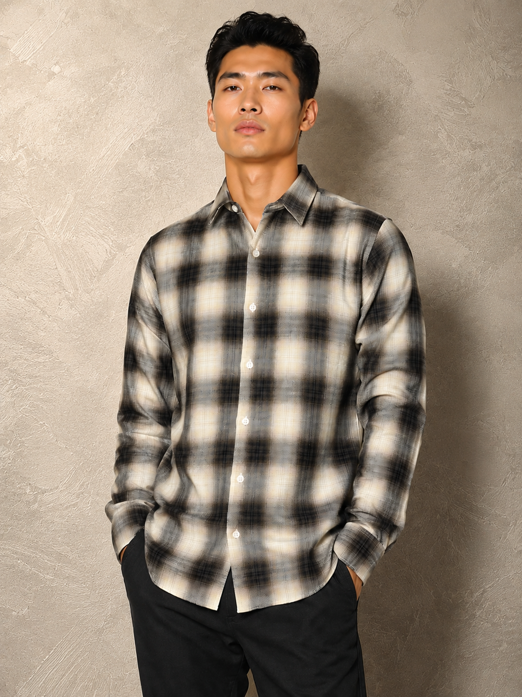 SALLT Men's Brown Textured Cotton Premium Shirt - Full Sleeves - Slim Fit