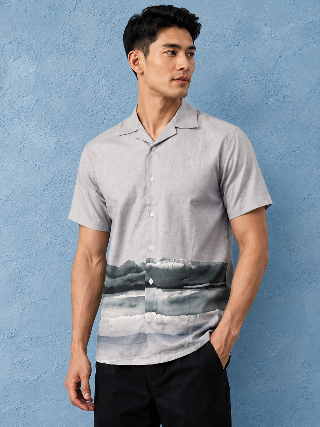 SALLT Men's Grey Printed Self Design Shirt - Half Sleeves - Relaxed Fit