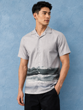 SALLT Men's Grey Printed Self Design Shirt - Half Sleeves - Relaxed Fit