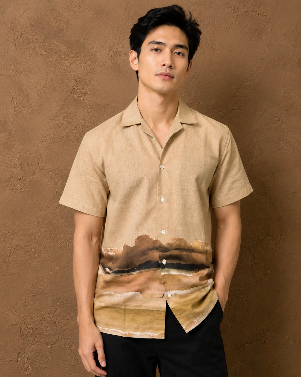SALLT Men's Biege Printed Self Design Shirt - Half Sleeves - Relaxed Fit