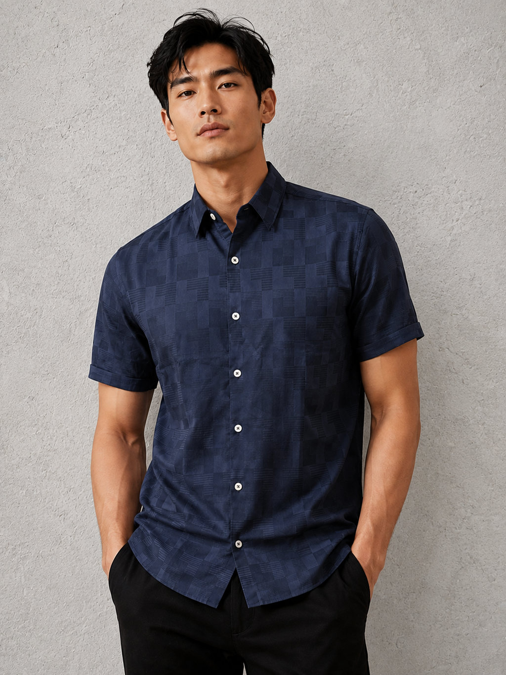 SALLT Men's Navy Premium Signature Cotton Shirt - Half Sleeves - Slim Fit