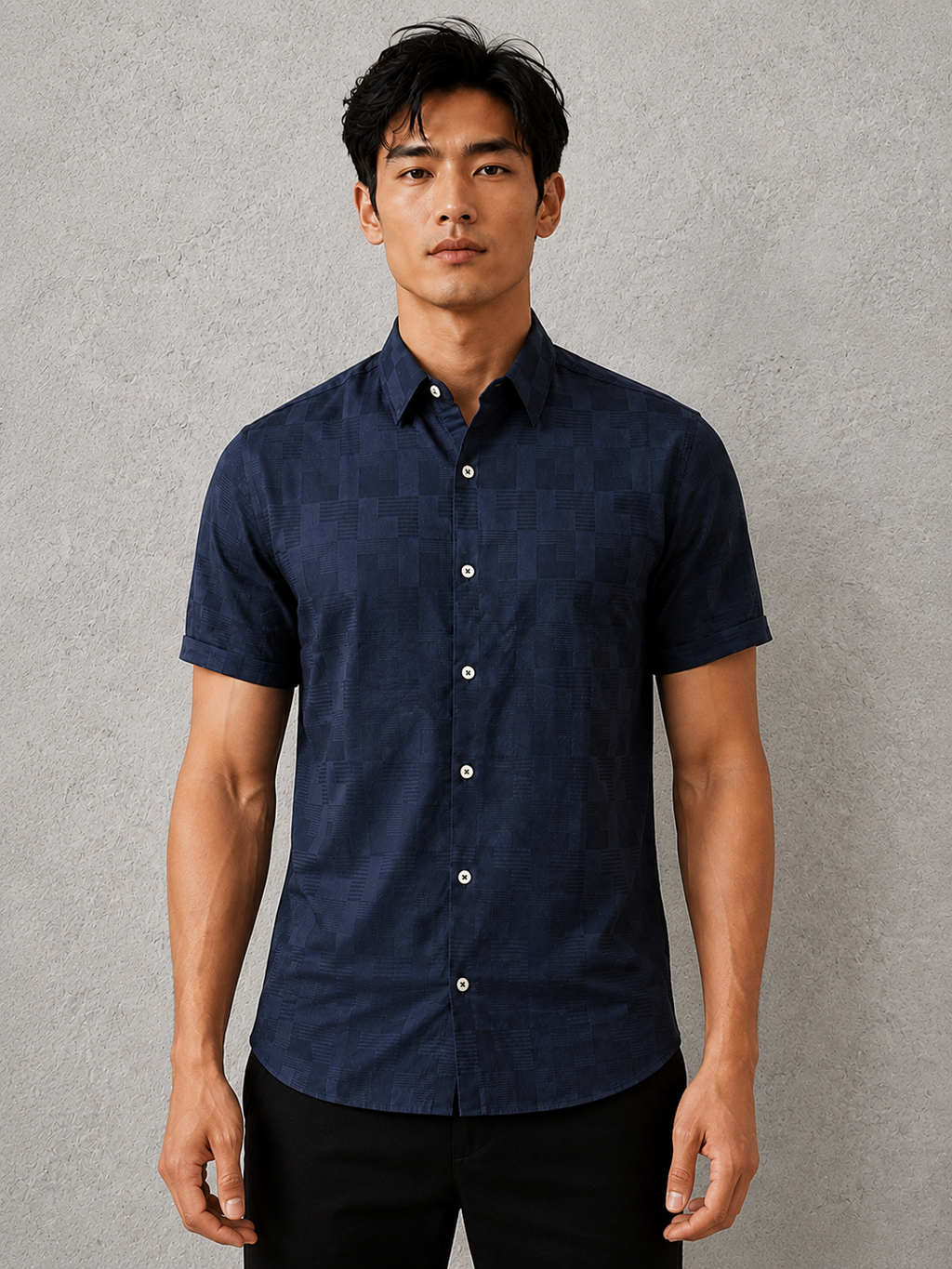 SALLT Men's Navy Premium Signature Cotton Shirt - Half Sleeves - Slim Fit