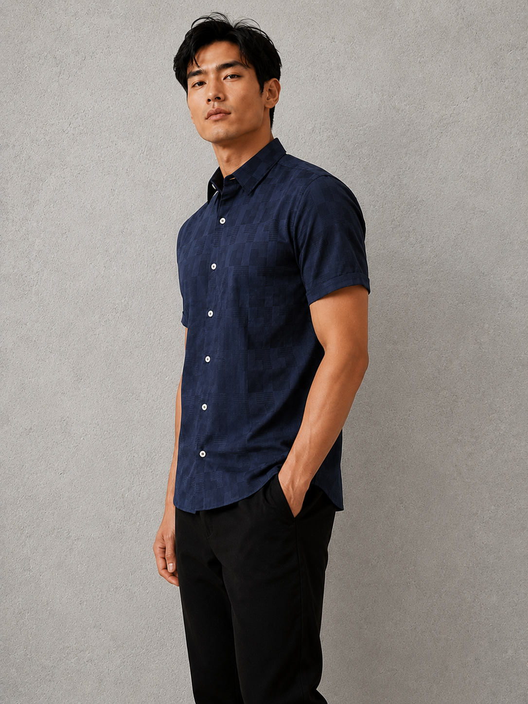 SALLT Men's Navy Premium Signature Cotton Shirt - Half Sleeves - Slim Fit