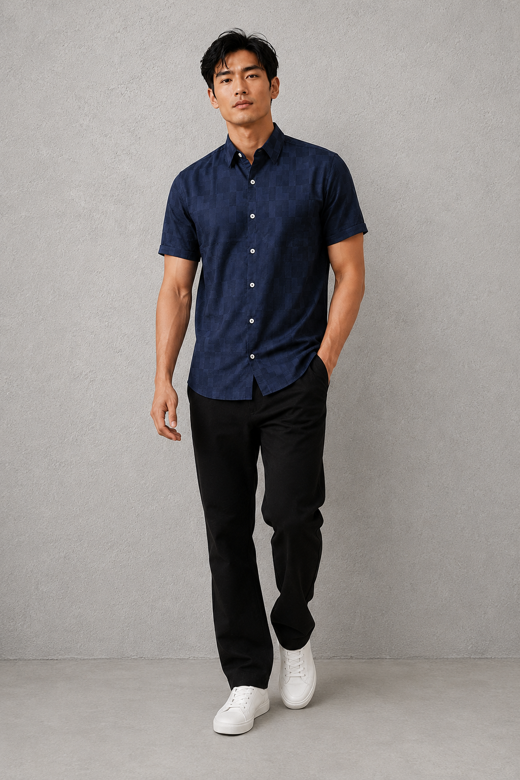 SALLT Men's Navy Premium Signature Cotton Shirt - Half Sleeves - Slim Fit