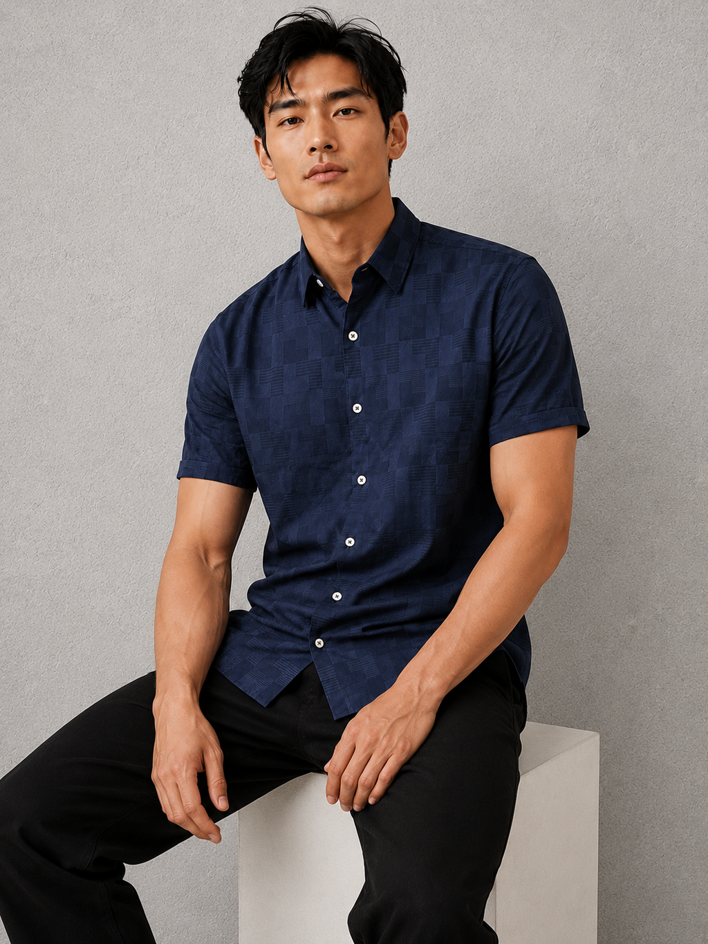 SALLT Men's Navy Premium Signature Cotton Shirt - Half Sleeves - Slim Fit