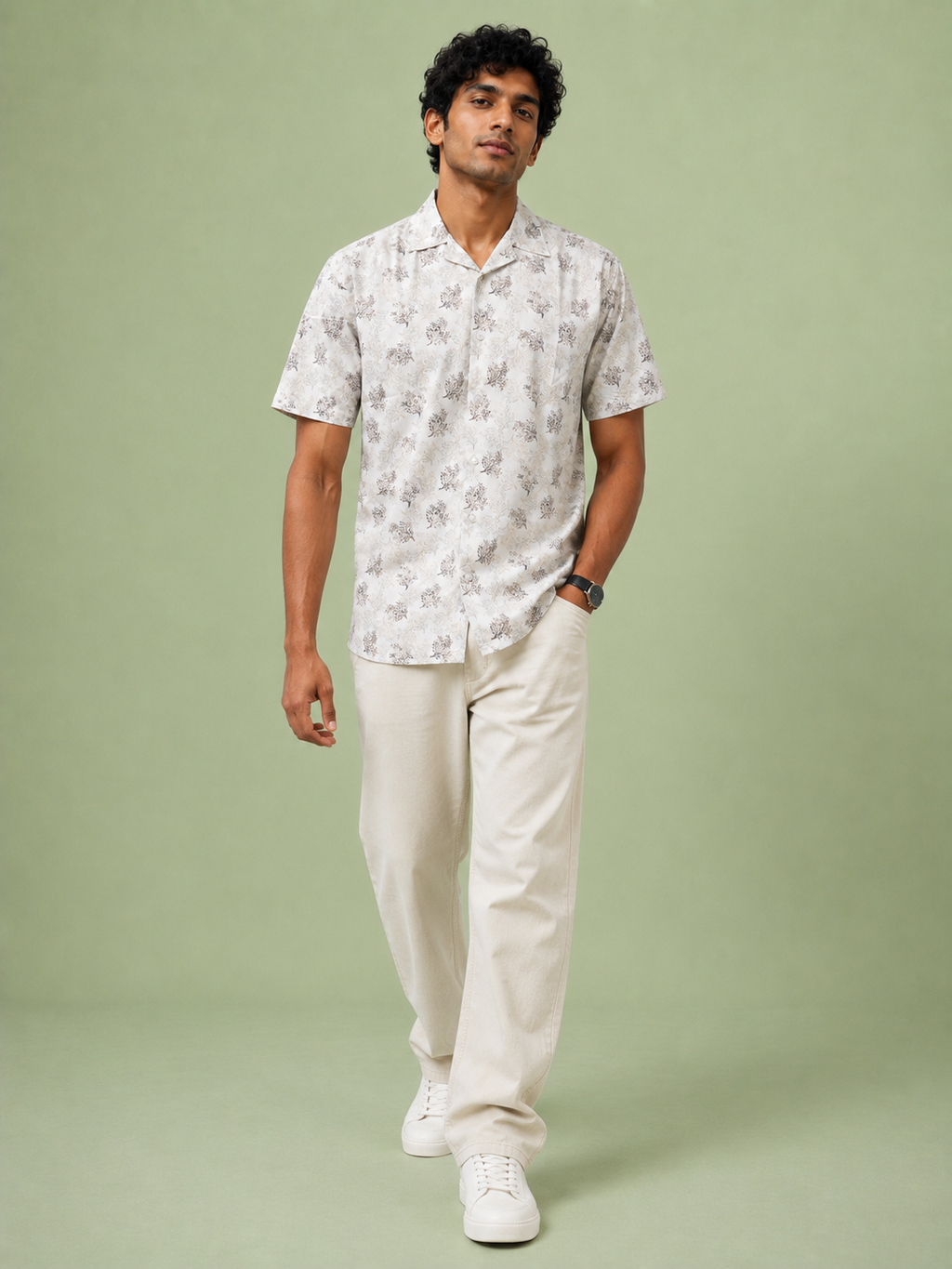 SALLT Men's White Printed Self Design Shirt - Half Sleeves - Relaxed Fit