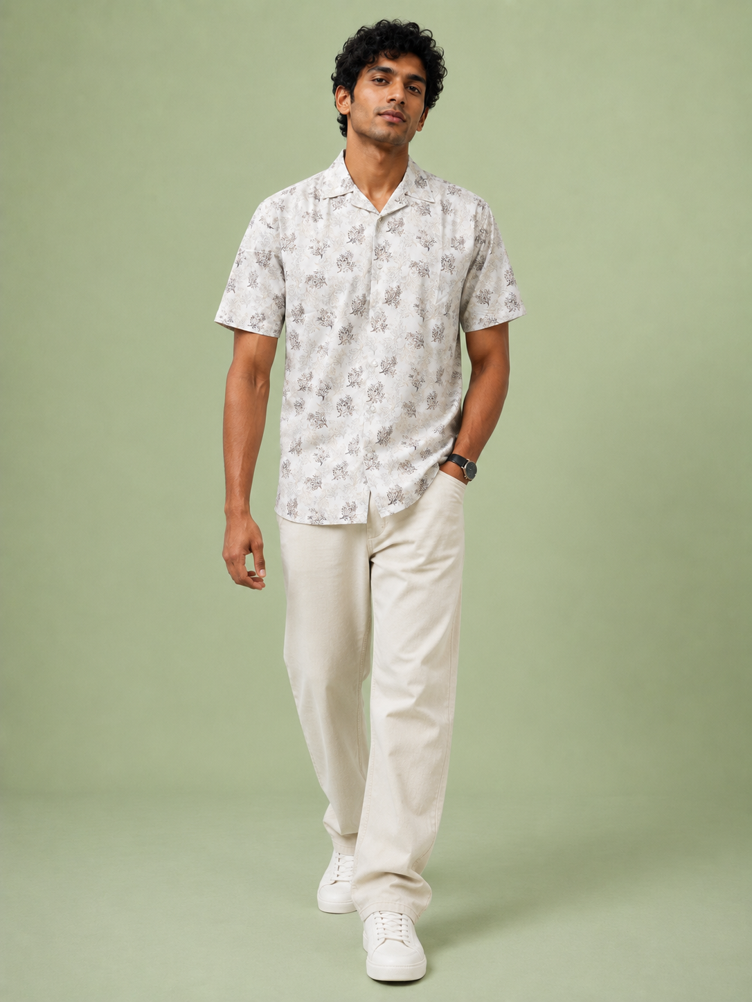 SALLT Men's White Printed Self Design Shirt - Half Sleeves - Relaxed Fit