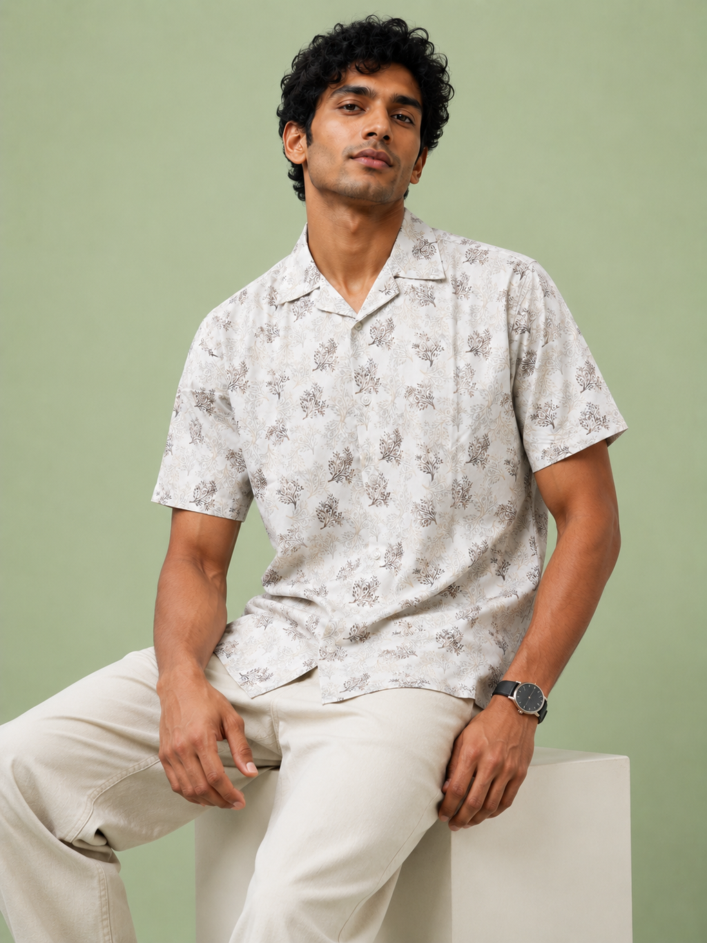 SALLT Men's White Printed Self Design Shirt - Half Sleeves - Relaxed Fit