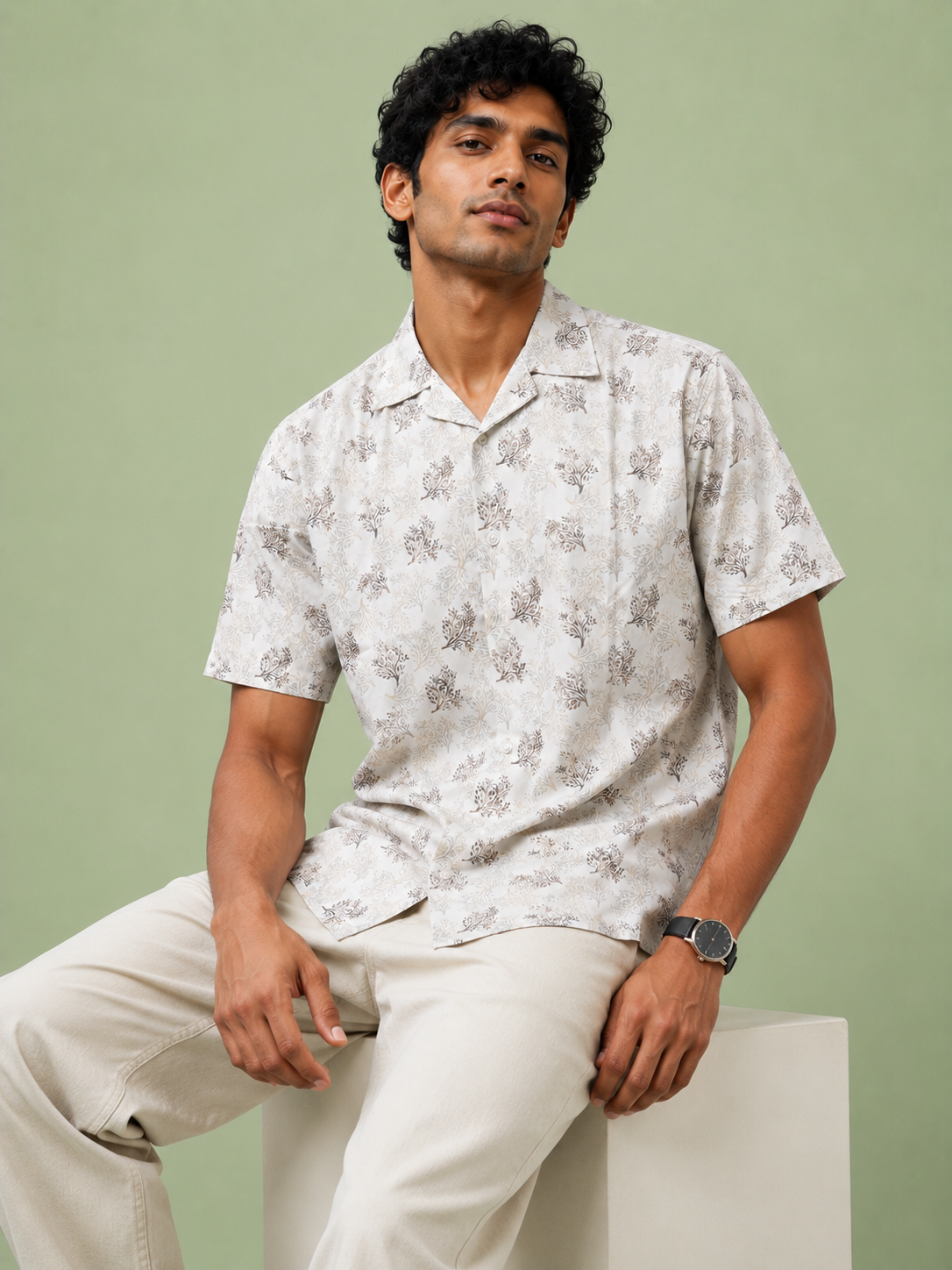 SALLT Men's White Printed Self Design Shirt - Half Sleeves - Relaxed Fit