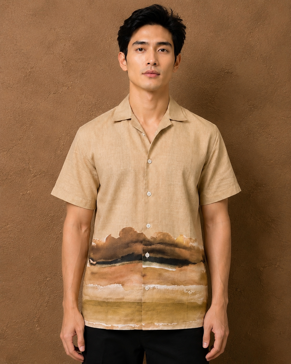 SALLT Men's Biege Printed Self Design Shirt - Half Sleeves - Relaxed Fit