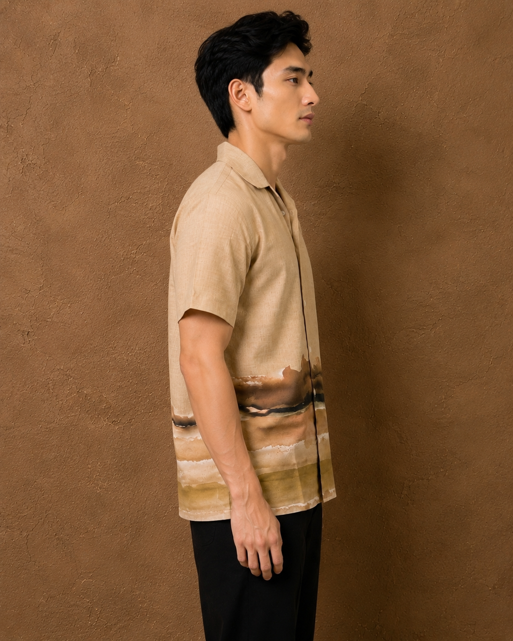 SALLT Men's Biege Printed Self Design Shirt - Half Sleeves - Relaxed Fit