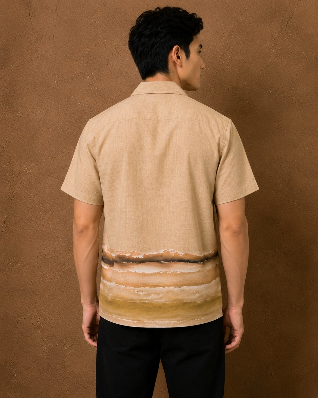 SALLT Men's Biege Printed Self Design Shirt - Half Sleeves - Relaxed Fit