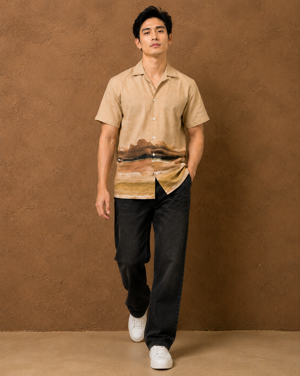 SALLT Men's Biege Printed Self Design Shirt - Half Sleeves - Relaxed Fit