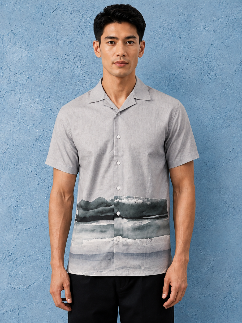 SALLT Men's Grey Printed Self Design Shirt - Half Sleeves - Relaxed Fit