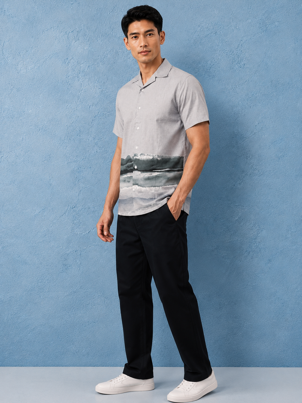 SALLT Men's Grey Printed Self Design Shirt - Half Sleeves - Relaxed Fit