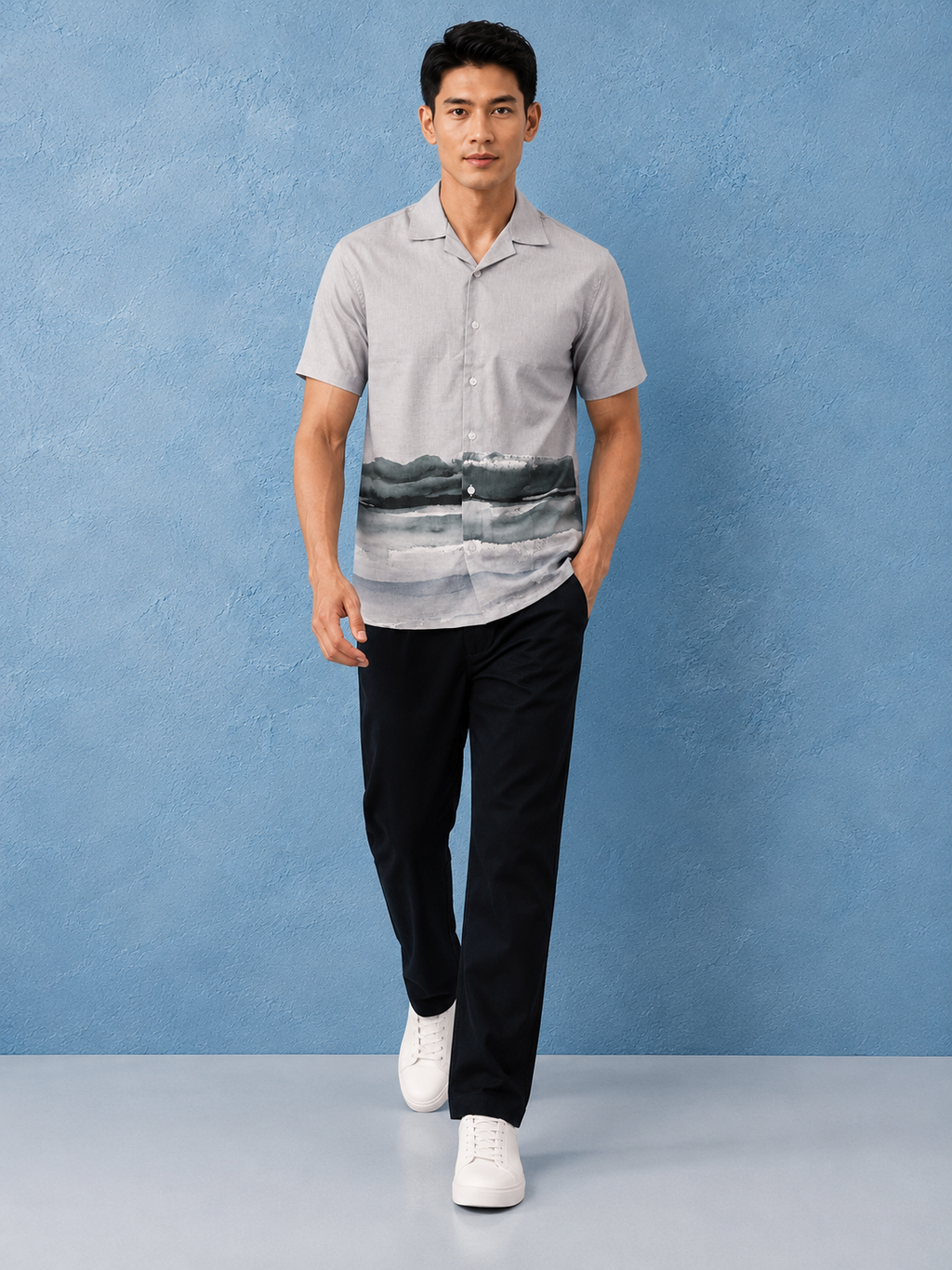 SALLT Men's Grey Printed Self Design Shirt - Half Sleeves - Relaxed Fit