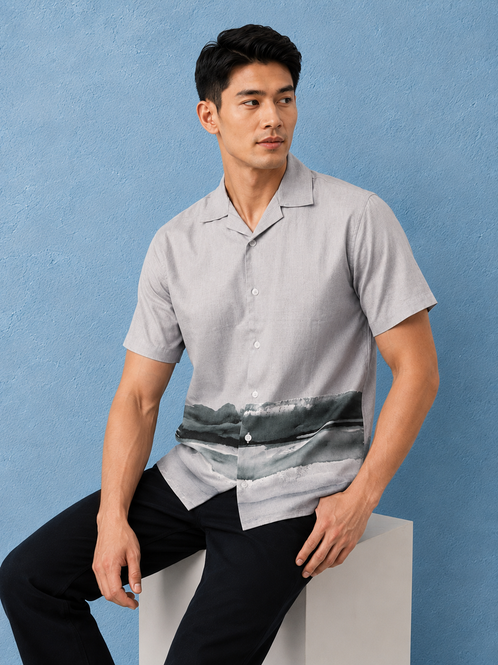 SALLT Men's Grey Printed Self Design Shirt - Half Sleeves - Relaxed Fit