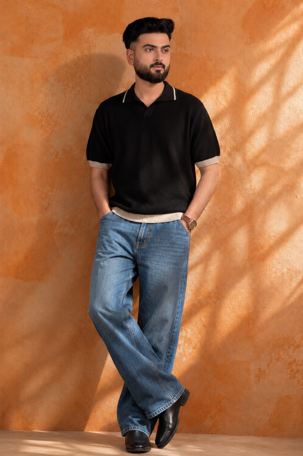 SALLT Black Knitted Polo Cotton Shirt - Relaxed Fit