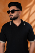 SALLT Black Knitted Polo Cotton Shirt - Relaxed Fit