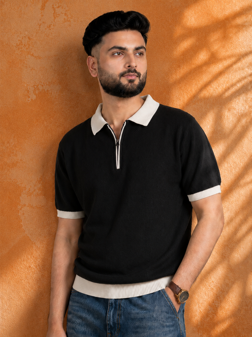SALLT Black Knitted Polo Cotton Shirt - Relaxed Fit