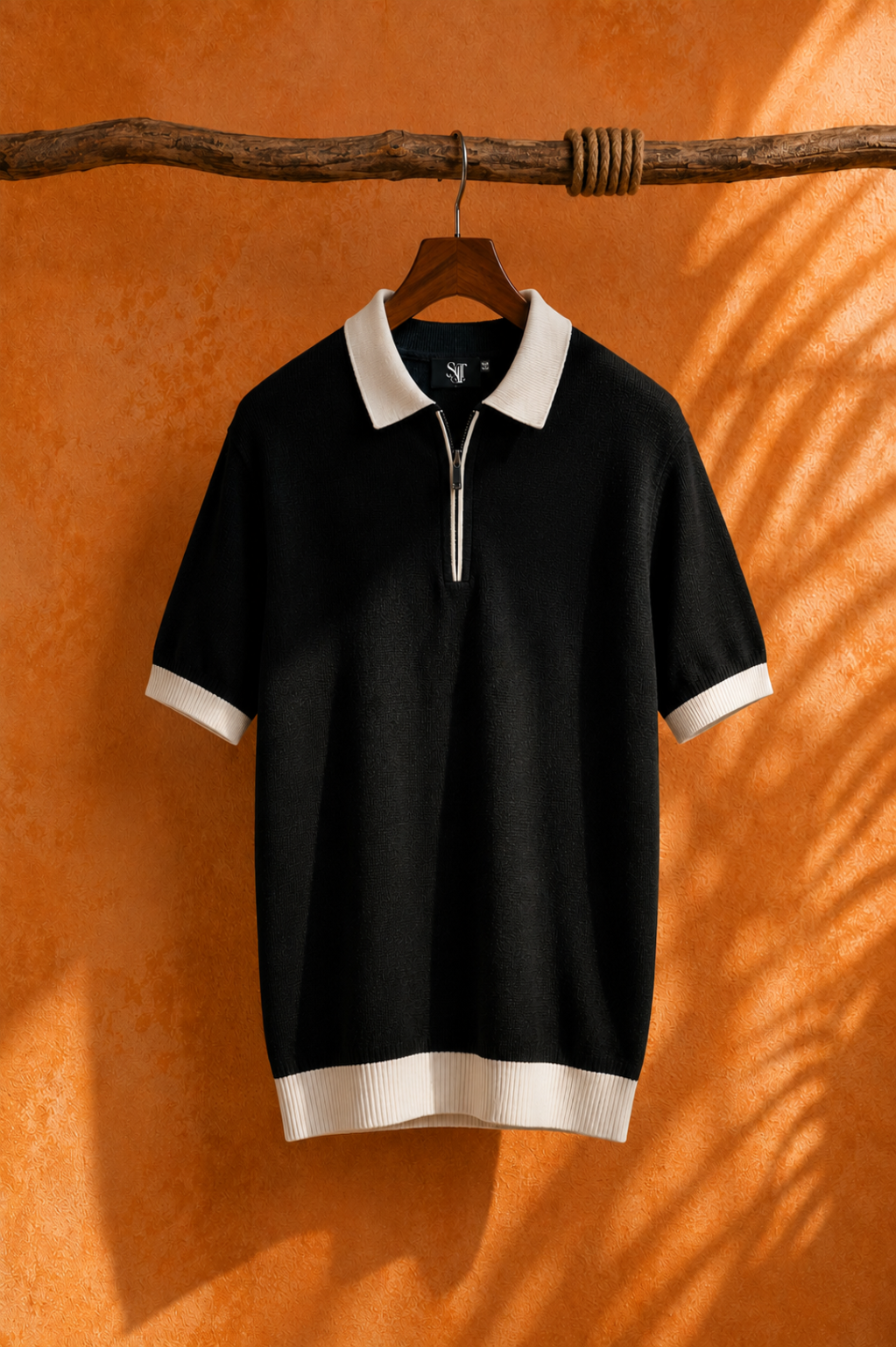 SALLT Black Knitted Polo Cotton Shirt - Relaxed Fit