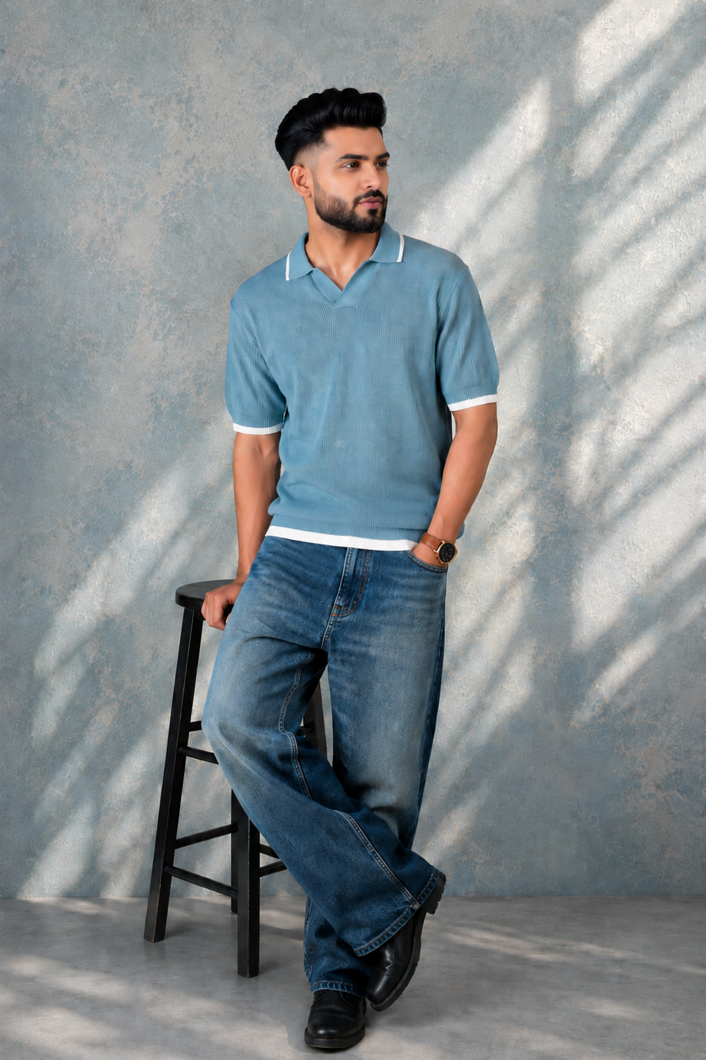 SALLT Blue Knitted Polo Cotton Shirt - Relaxed Fit