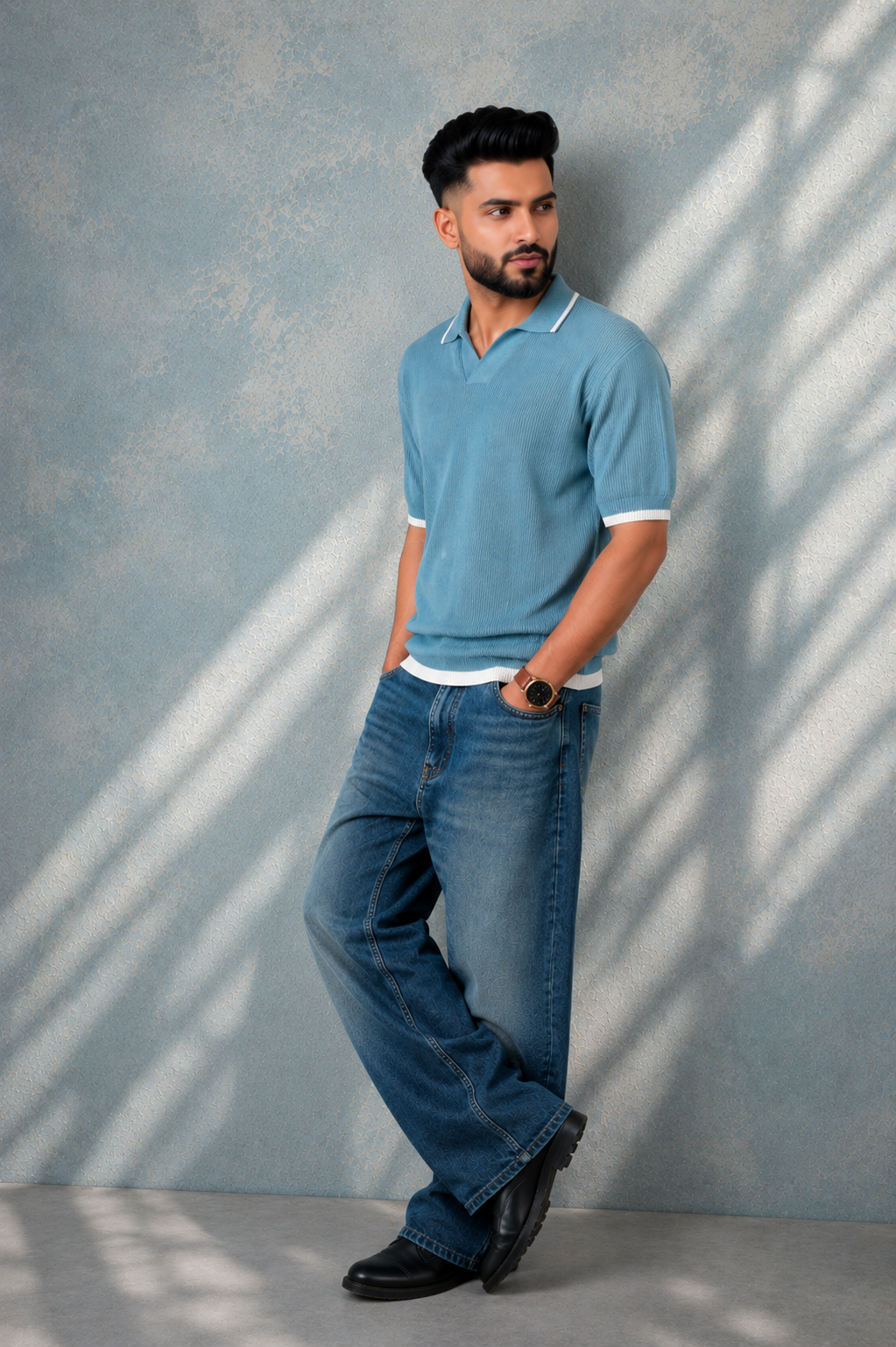 SALLT Blue Knitted Polo Cotton Shirt - Relaxed Fit