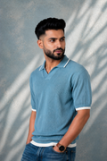 SALLT Blue Knitted Polo Cotton Shirt - Relaxed Fit