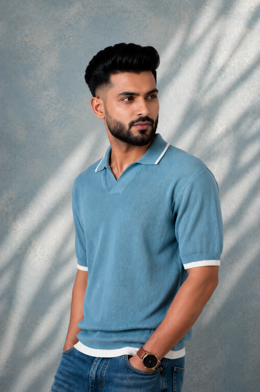 SALLT Blue Knitted Polo Cotton Shirt - Relaxed Fit