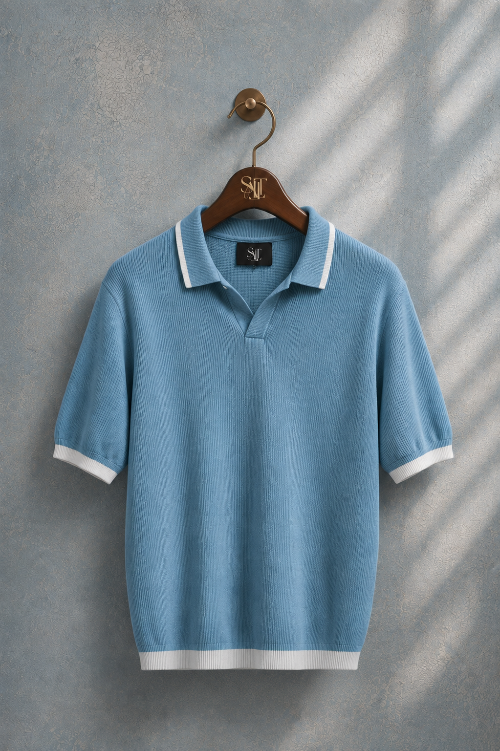 SALLT Blue Knitted Polo Cotton Shirt - Relaxed Fit