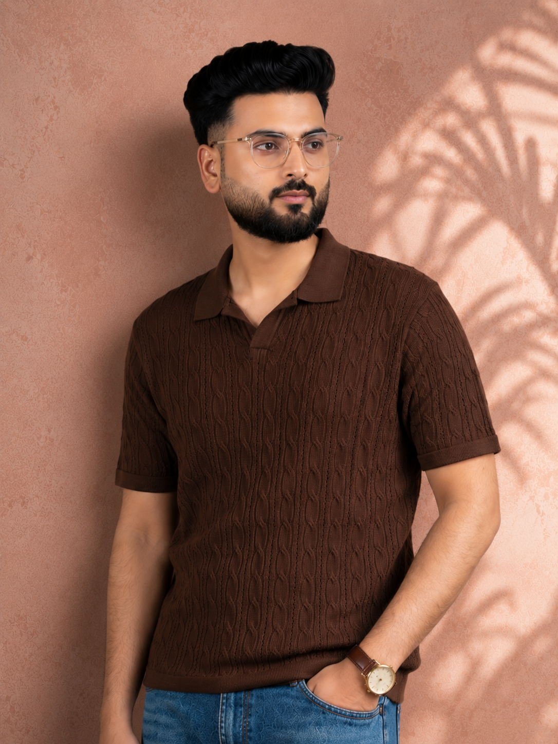 SALLT Brown Knitted Polo Cotton Shirt - Regular Fit