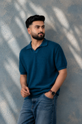 SALLT Blue Knitted Polo Cotton Shirt - Relaxed Fit