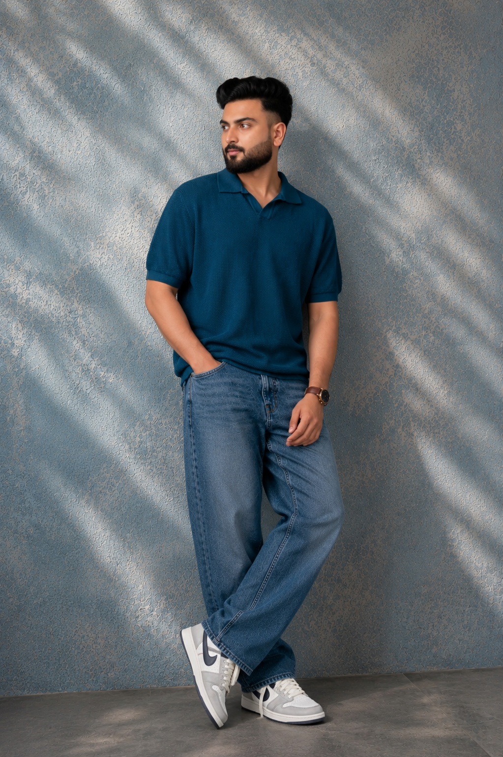 SALLT Blue Knitted Polo Cotton Shirt - Relaxed Fit