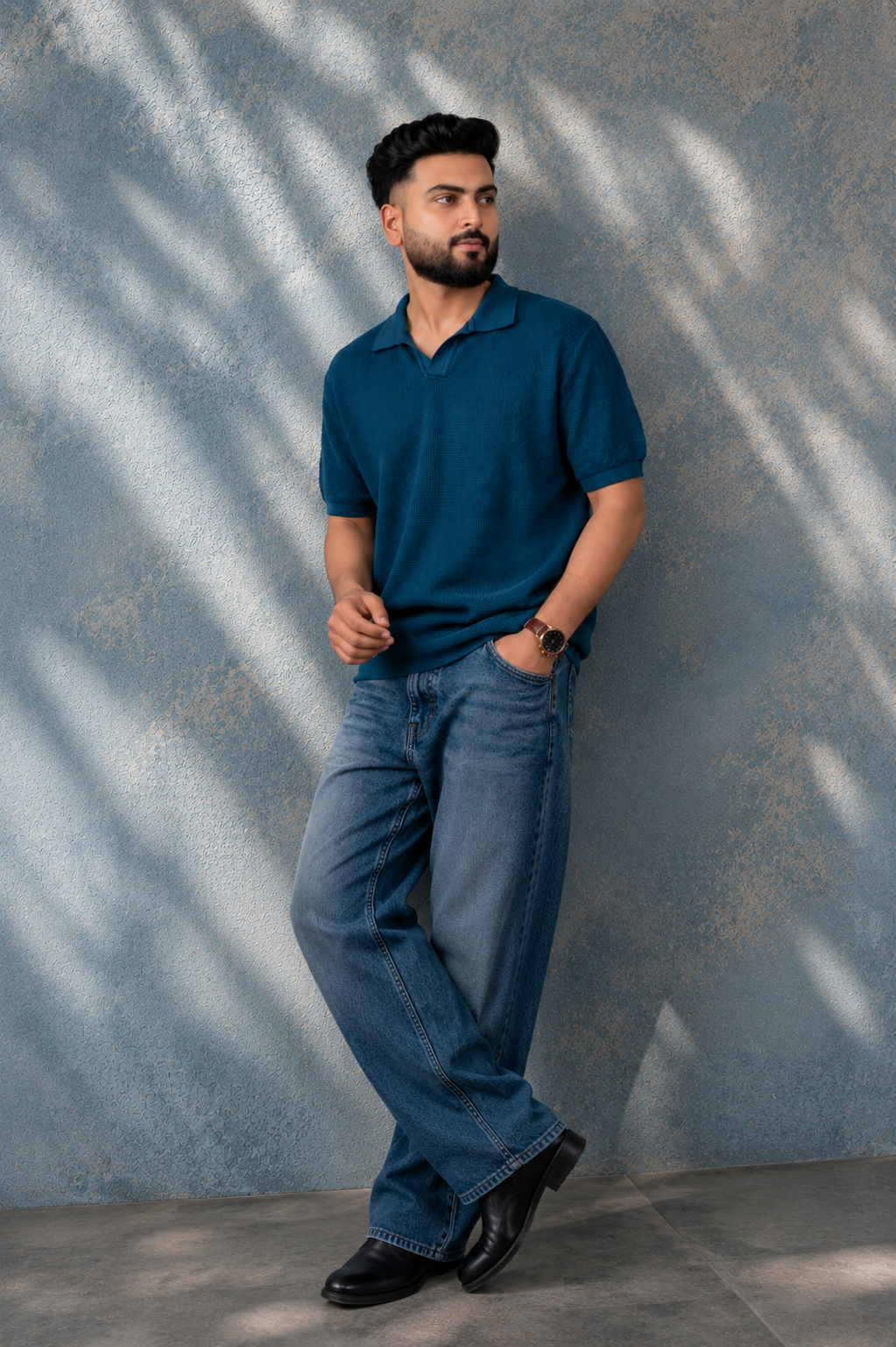 SALLT Blue Knitted Polo Cotton Shirt - Relaxed Fit