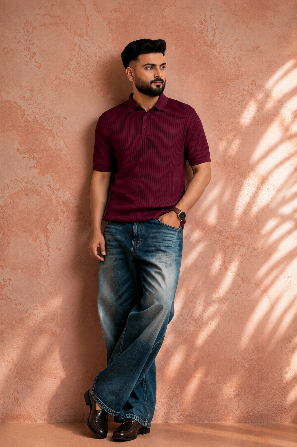 SALLT Maroon Knitted Polo Cotton Shirt - Regular Fit