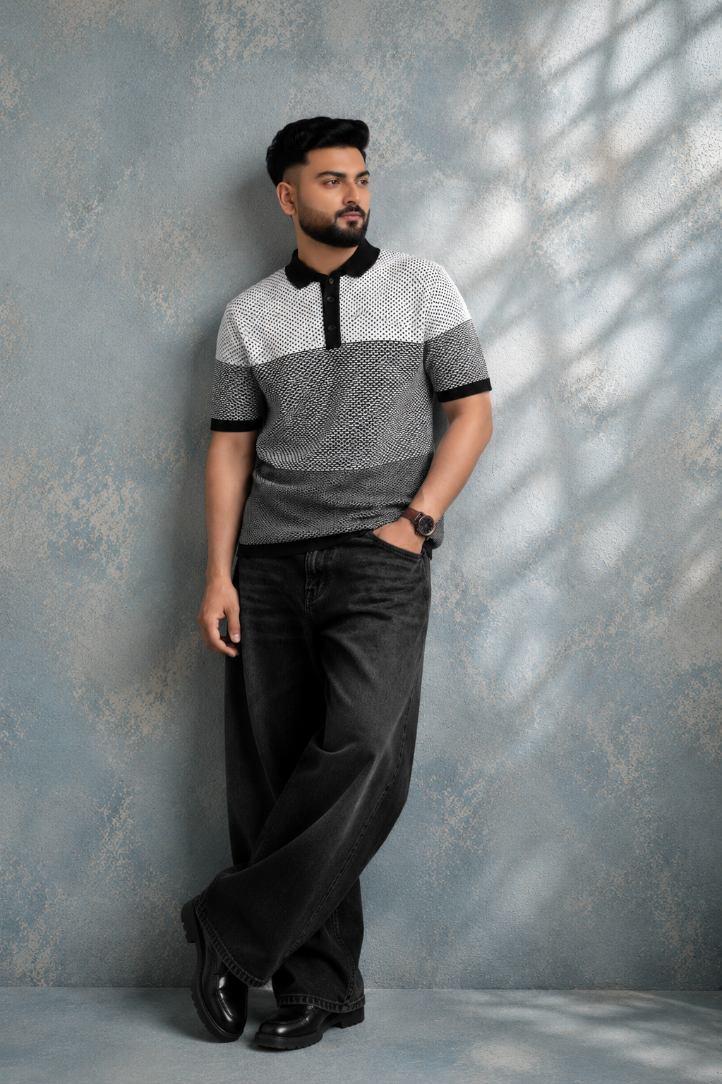 SALLT Black Knitted Polo Cotton Shirt - Regular Fit