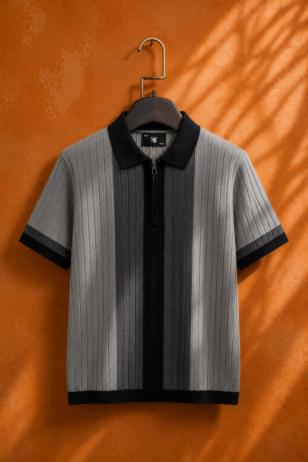 SALLT Black Knitted Polo Cotton Shirt - Regular Fit