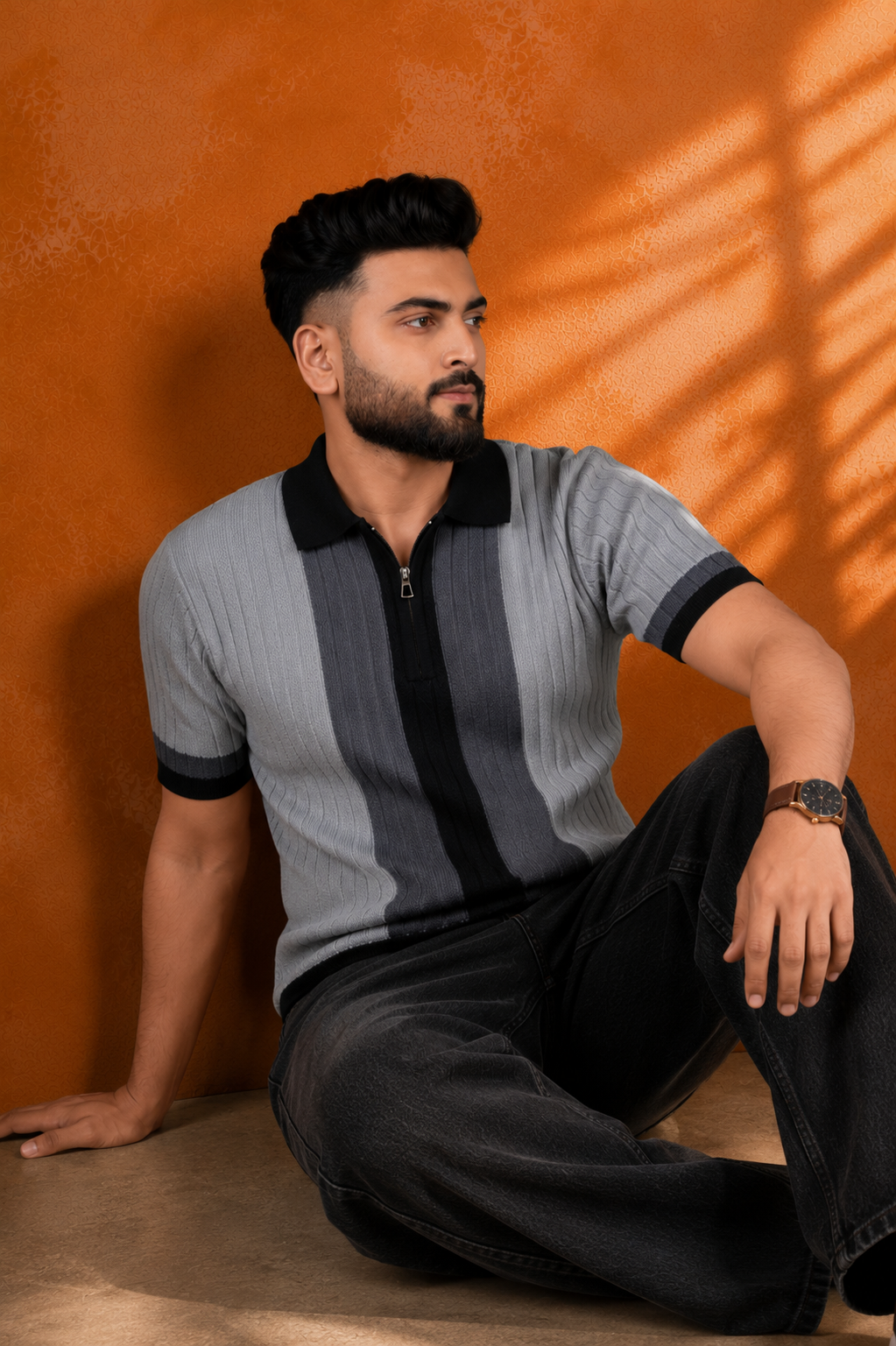 SALLT Black Knitted Polo Cotton Shirt - Regular Fit